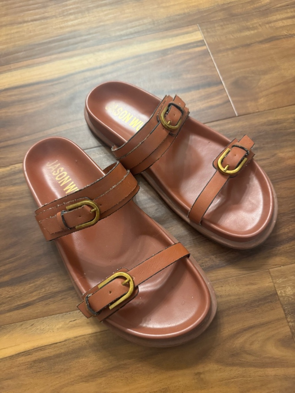 Jason Wu Cognac Leather Double-Buckle Slide Sandals